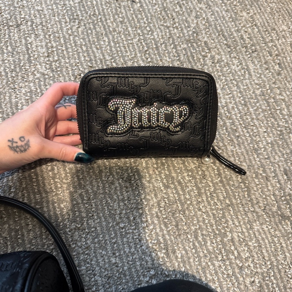 Juicy Couture, Black, rainbow-crystal Logo, double zip-up wallet